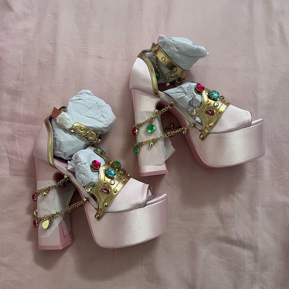 Sugar Thrillz Shoes - Sugar Thrillz Pink Princess Crown Heels with Gold and Jewel Details